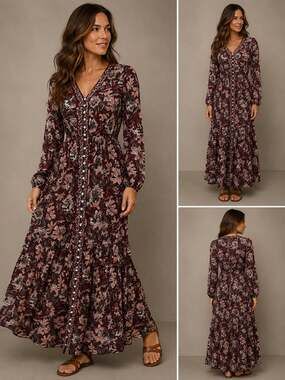La Serein Floral Print Button-Down Long Sleeve Tiered Maxi Dress
M-81